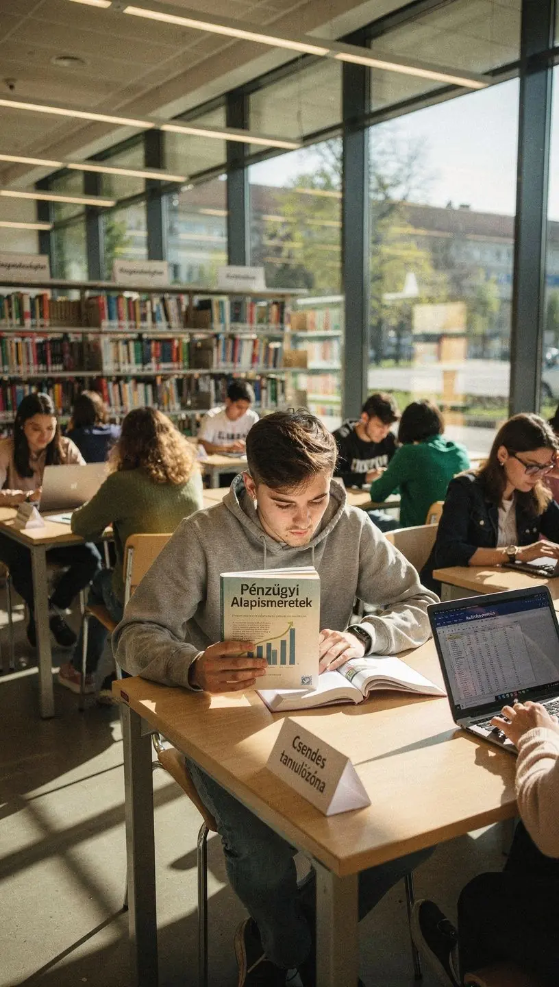 Egy személy, aki boldogan nézi a pénzügyi céljainak elérését a könyvek segítségével.